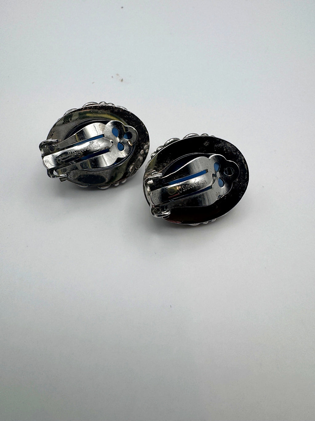 Vintage Whiting & Davis Blue Glass Cabochon Clip Earrings & Matching Ring Set Ornate Silver Tone