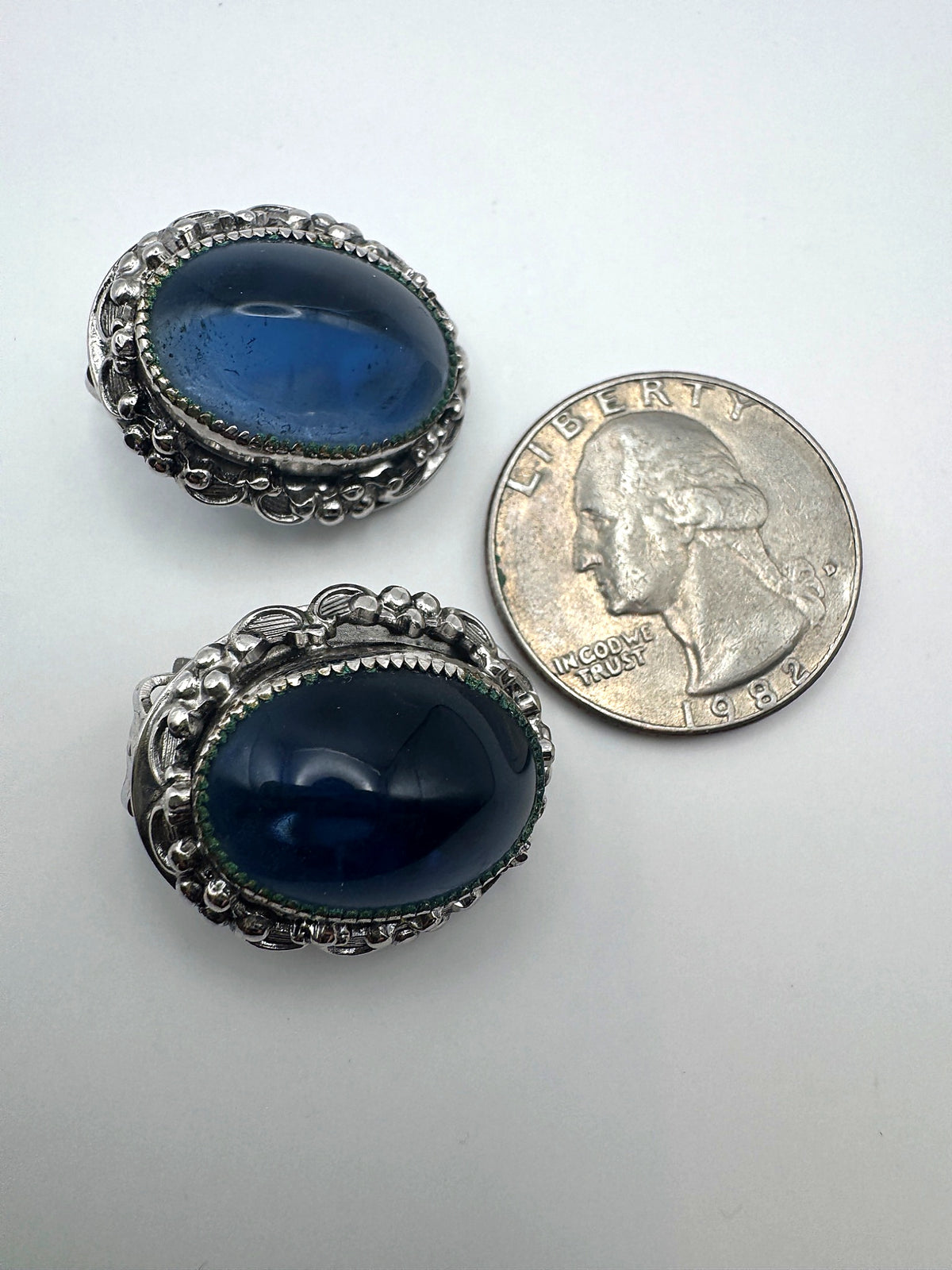 Vintage Whiting & Davis Blue Glass Cabochon Clip Earrings & Matching Ring Set Ornate Silver Tone