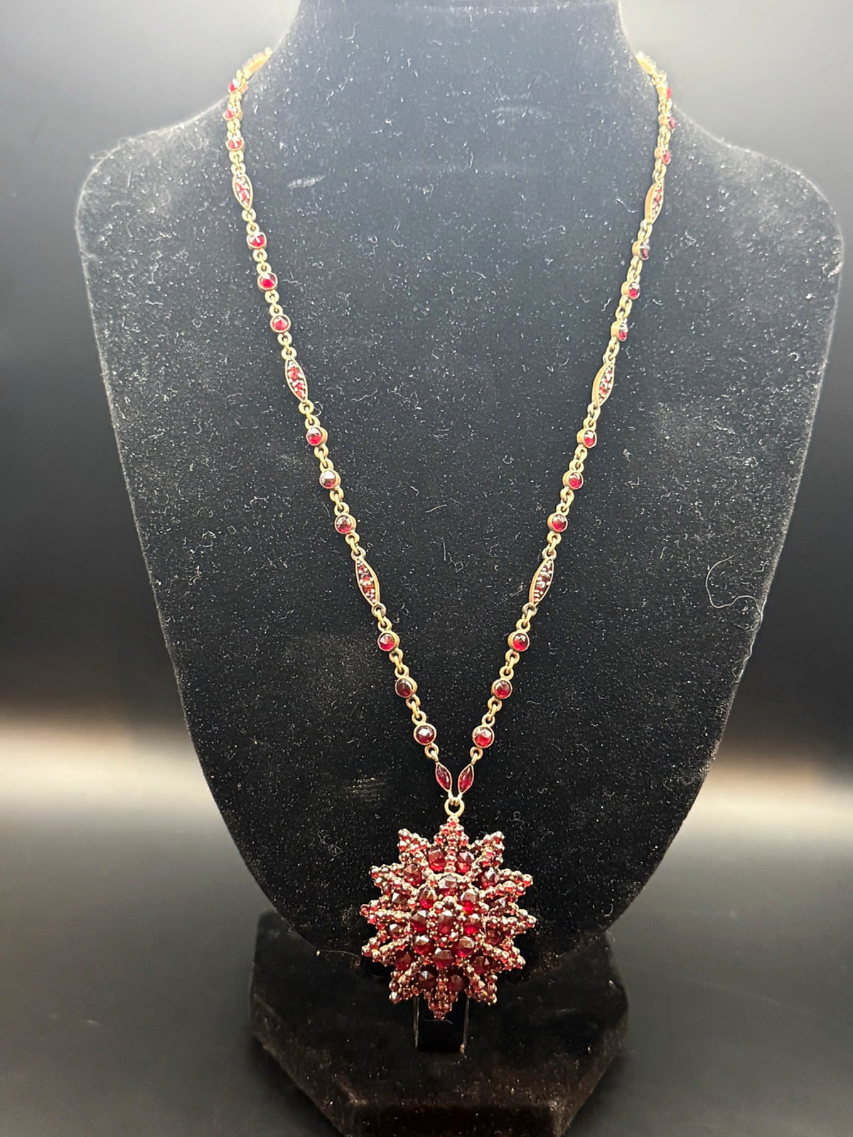 Vintage Red Garnet Starburst Statement Necklace with Locket-Style Pendant