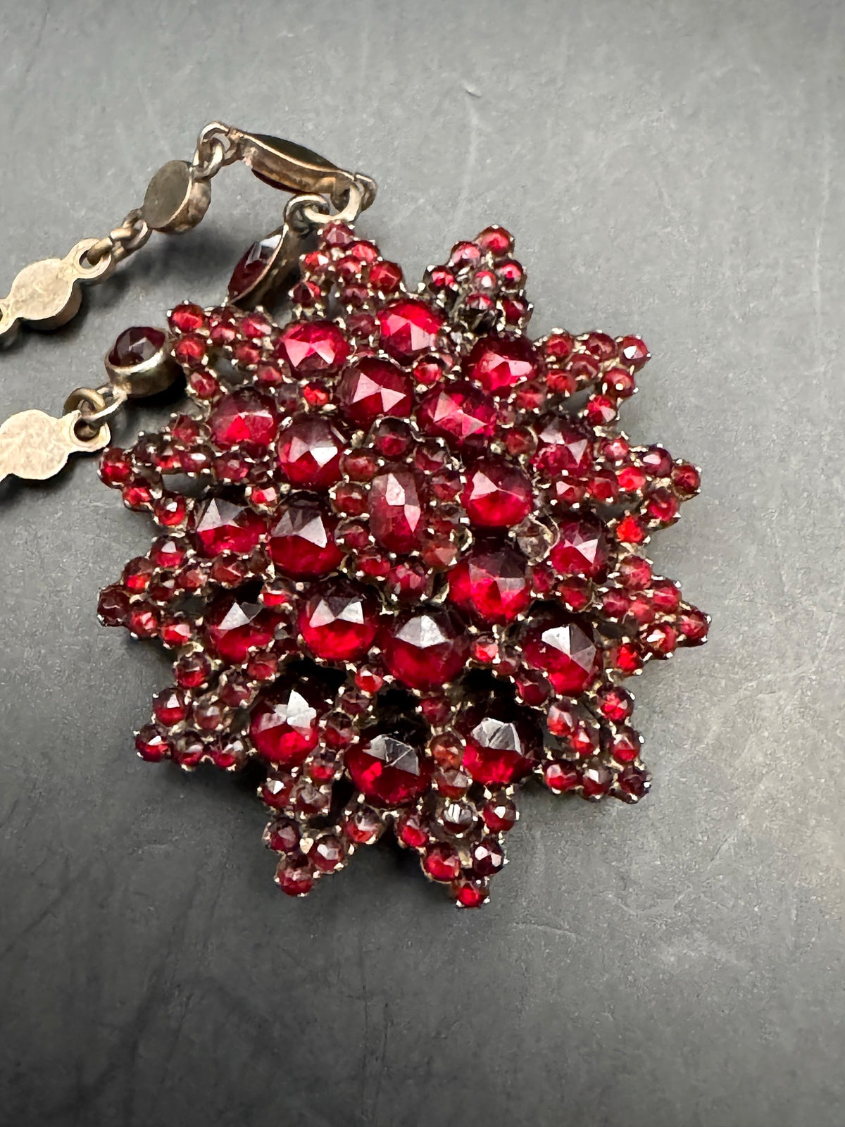 Vintage Red Garnet Starburst Statement Necklace with Locket-Style Pendant