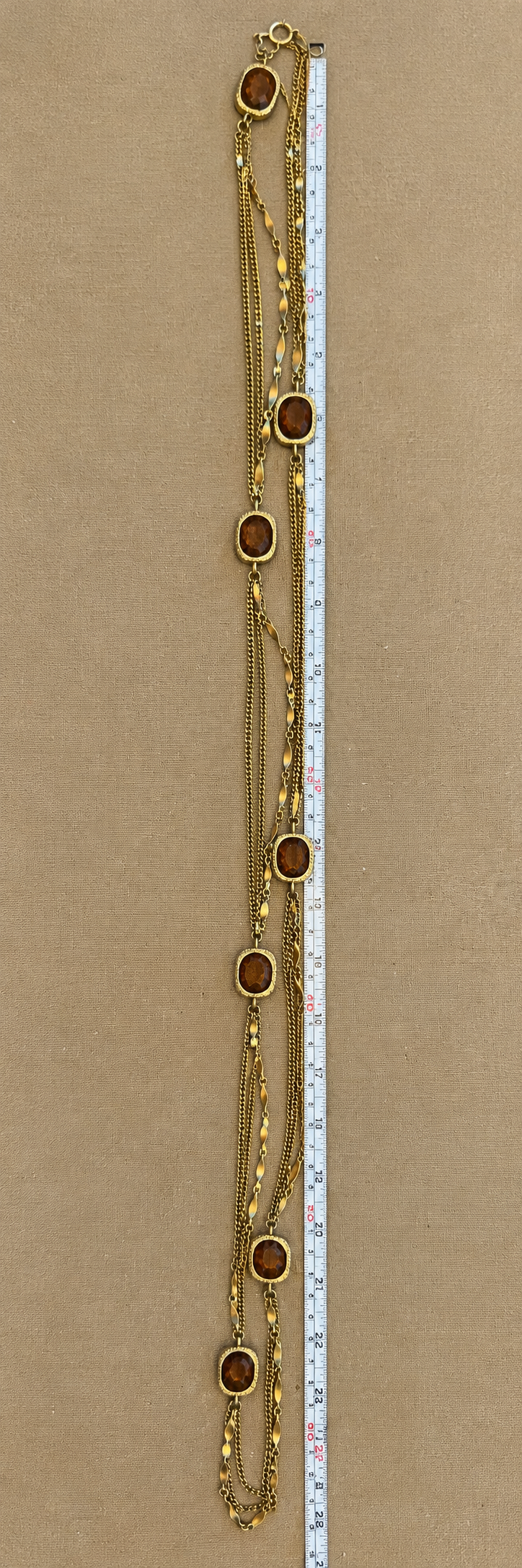 Vintage Sarah Coventry Long Multi Strand Station Necklace Amber Glass Stones Gold Tone 50"