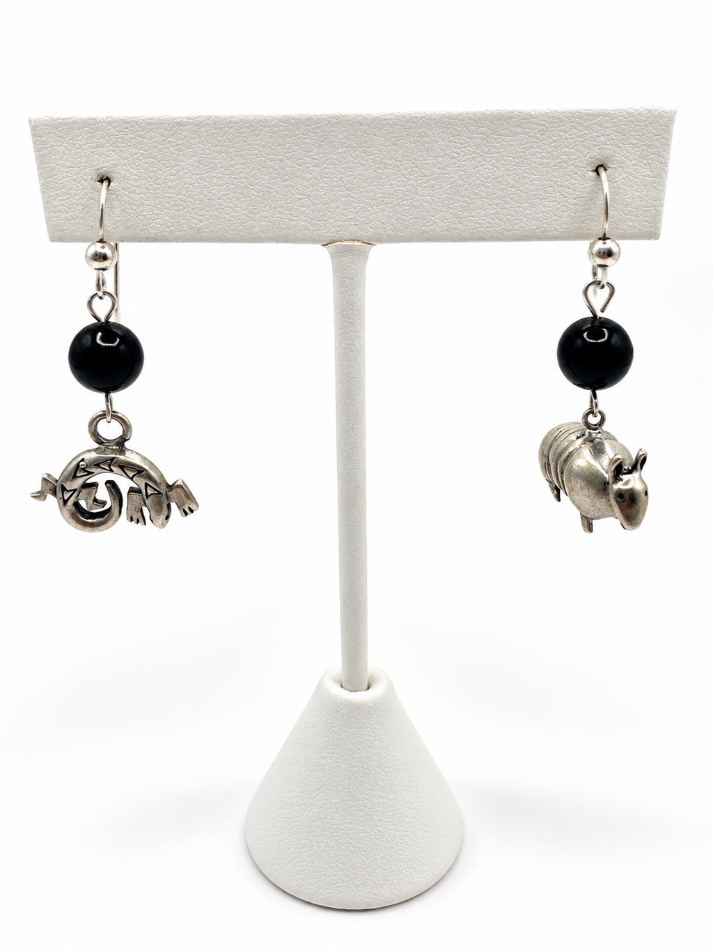 Silver Tone Lizard Gecko & Armadillo Mismatched Dangle Earrings Black Bead Southwestern