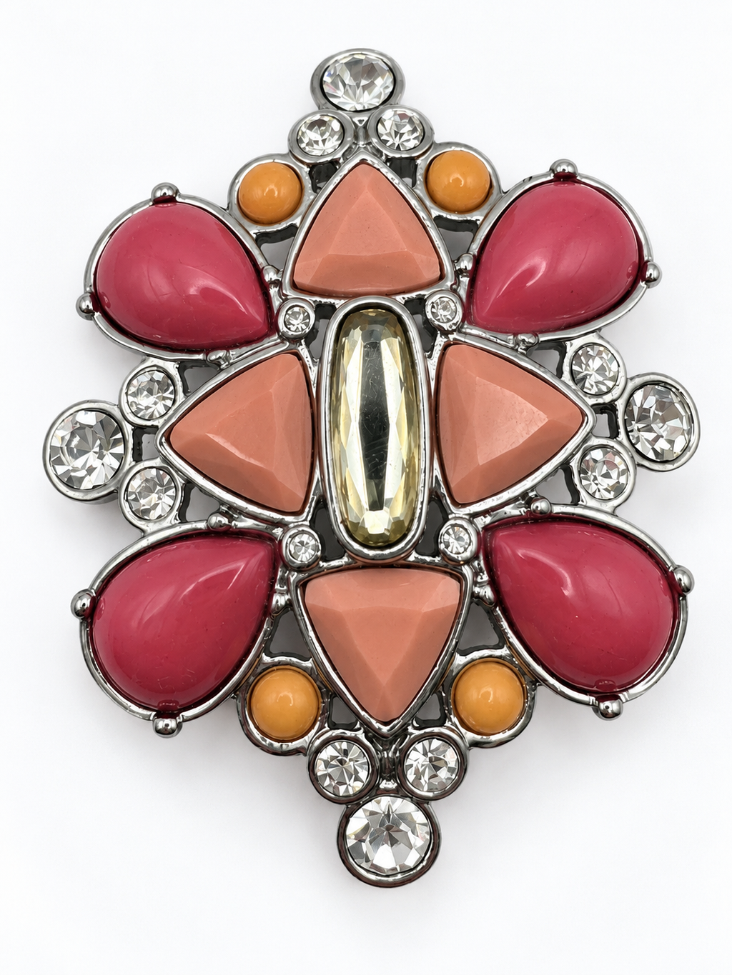Lia Sophia Brooch Pendant Coral Pink Cabochon Crystal Rhinestone Silver Tone Signed 2"