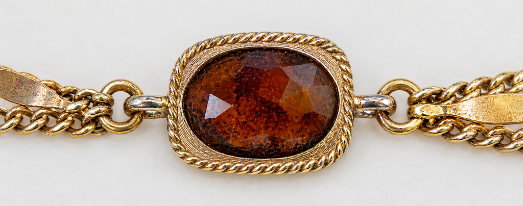 Vintage Sarah Coventry Long Multi Strand Station Necklace Amber Glass Stones Gold Tone 50"