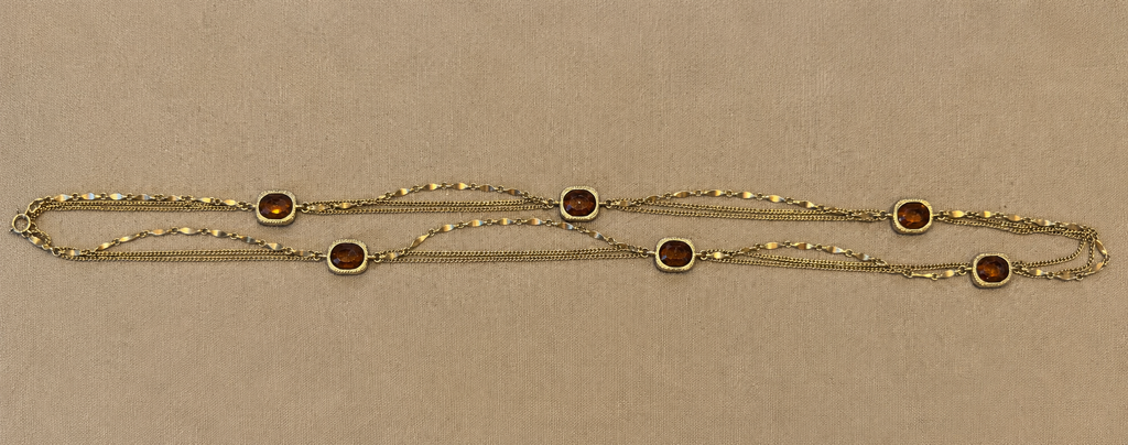 Vintage Sarah Coventry Long Multi Strand Station Necklace Amber Glass Stones Gold Tone 50"