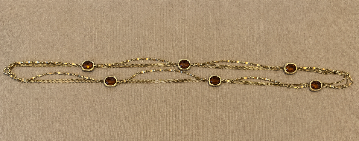 Vintage Sarah Coventry Long Multi Strand Station Necklace Amber Glass Stones Gold Tone 50"