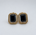 Vintage Gold Tone Octagonal Clip Earrings, Black Emerald-Cut Stone, Pavé Rhinestone Halo, Unsigned