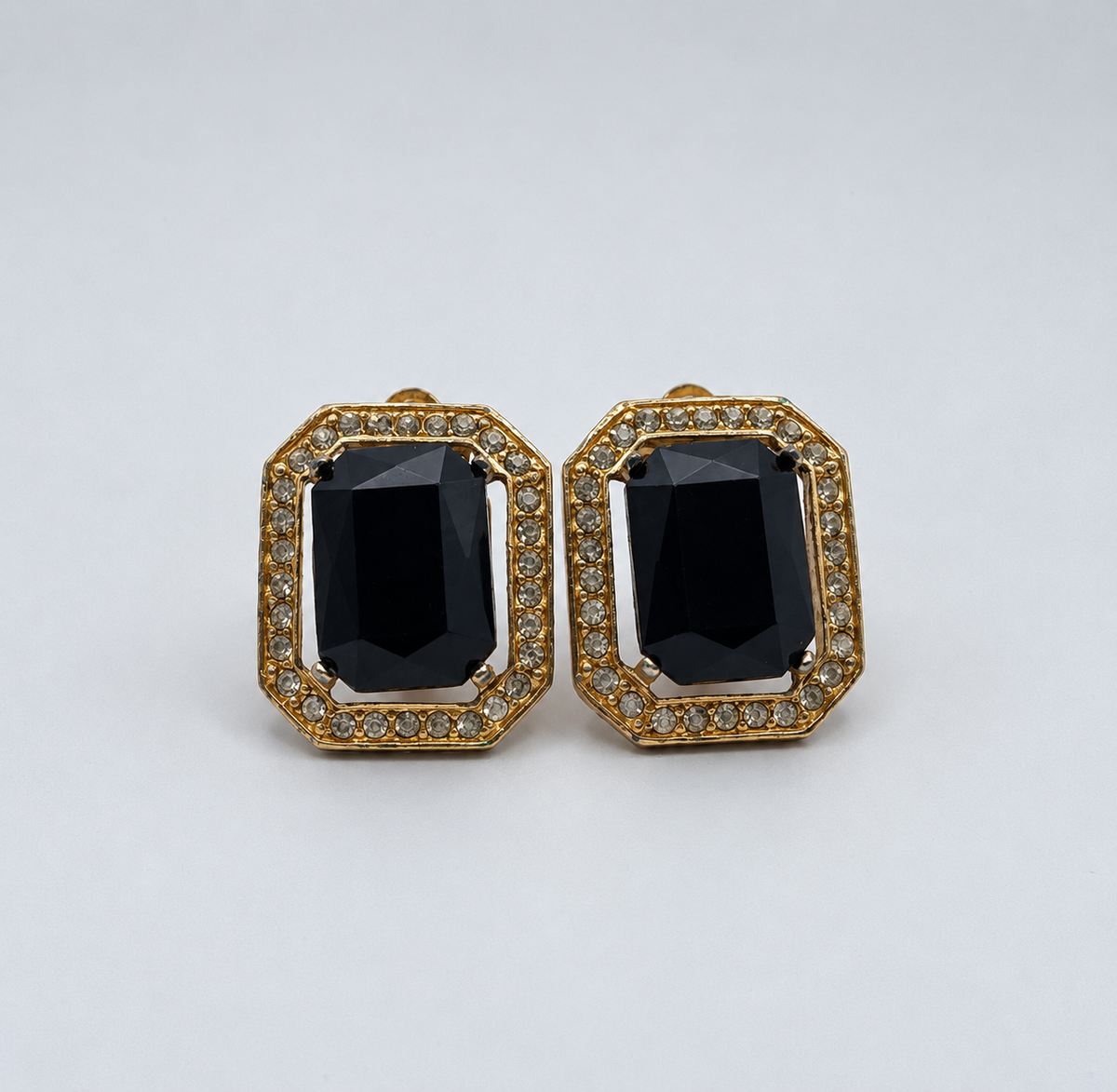 Vintage Gold Tone Octagonal Clip Earrings, Black Emerald-Cut Stone, Pavé Rhinestone Halo, Unsigned