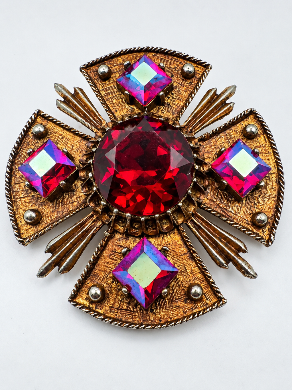 Vintage Signed Dodds Maltese Cross Brooch Pendant Red AB Rhinestone Two Tone 2"