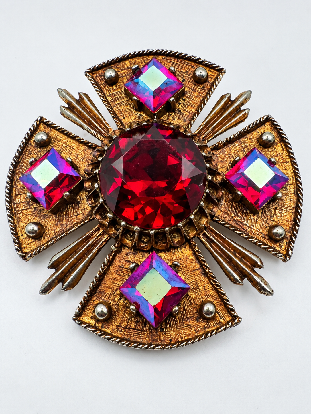 Vintage Signed Dodds Maltese Cross Brooch Pendant Red AB Rhinestone Two Tone 2"