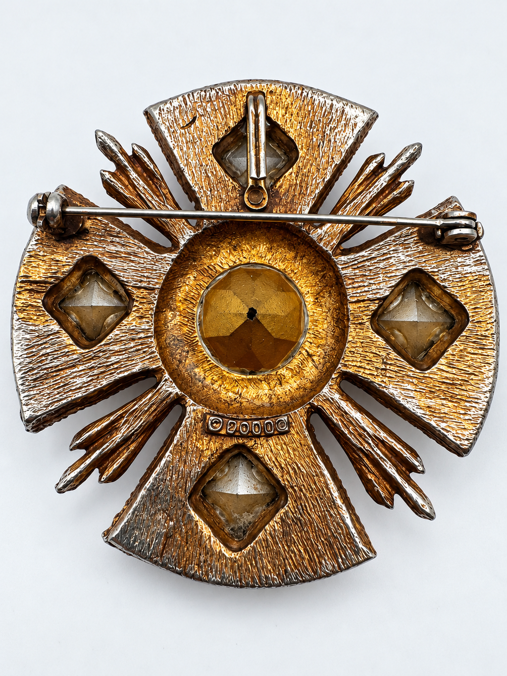 Vintage Signed Dodds Maltese Cross Brooch Pendant Red AB Rhinestone Two Tone 2"