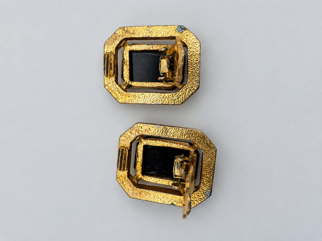 Vintage Gold Tone Octagonal Clip Earrings, Black Emerald-Cut Stone, Pavé Rhinestone Halo, Unsigned