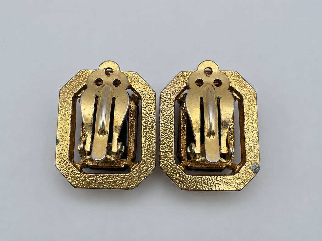 Vintage Gold Tone Octagonal Clip Earrings, Black Emerald-Cut Stone, Pavé Rhinestone Halo, Unsigned