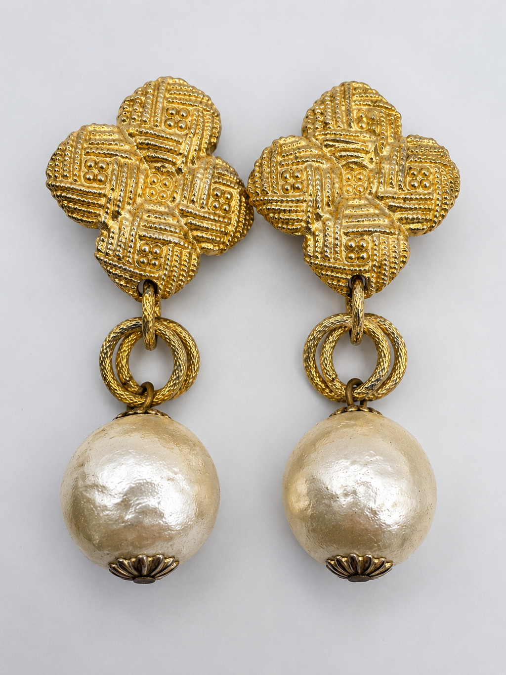 Vintage Unsigned Gold Tone Textured Quatrefoil Clip Earrings, Baroque Faux Pearl Drop, 3.5"