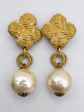 Vintage Unsigned Gold Tone Textured Quatrefoil Clip Earrings, Baroque Faux Pearl Drop, 3.5"