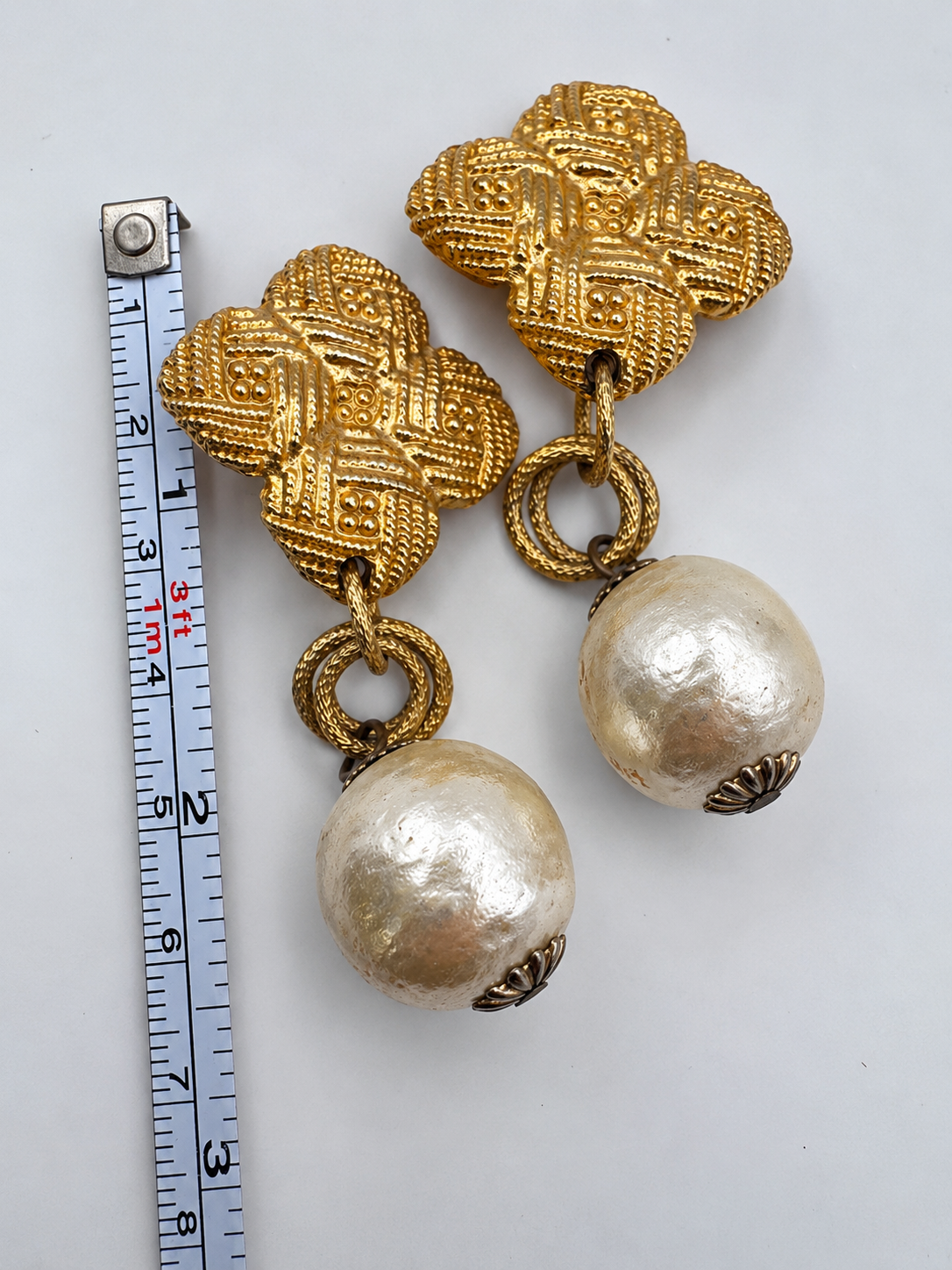 Vintage Unsigned Gold Tone Textured Quatrefoil Clip Earrings, Baroque Faux Pearl Drop, 3.5"