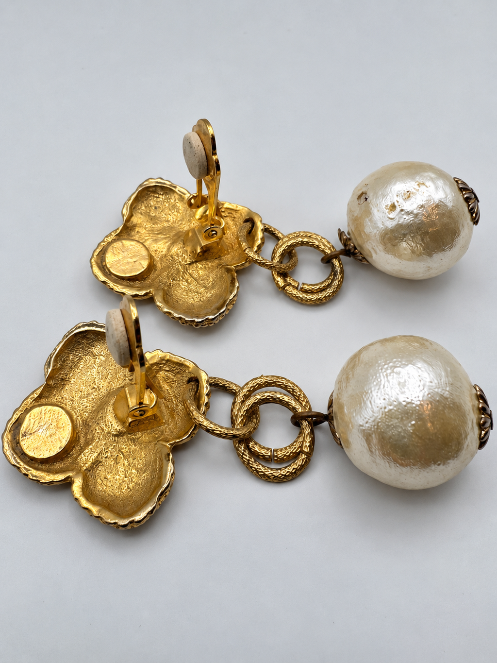 Vintage Unsigned Gold Tone Textured Quatrefoil Clip Earrings, Baroque Faux Pearl Drop, 3.5"