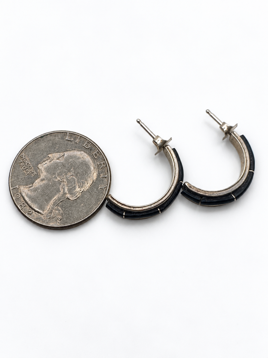 Vintage Silver Tone Black Inlay Half Hoop Post Earrings Southwestern Channel Inlay ¾"