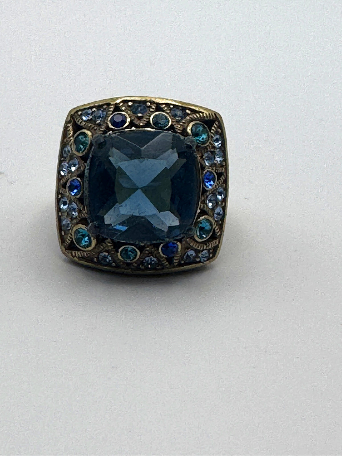 L.A. Vintage Blue Crystal Cocktail Ring Sapphire Teal Rhinestone Antique Brass Tone Statement