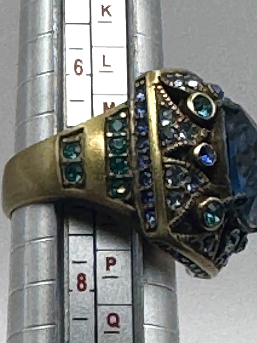L.A. Vintage Blue Crystal Cocktail Ring Sapphire Teal Rhinestone Antique Brass Tone Statement