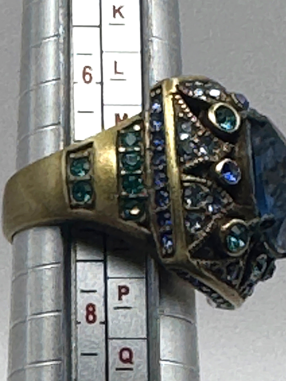 L.A. Vintage Blue Crystal Cocktail Ring Sapphire Teal Rhinestone Antique Brass Tone Statement