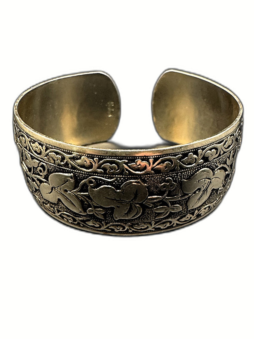 Hobé Signed Gold-Tone Repoussé Ivy Leaf & Vine Open Cuff Bracelet