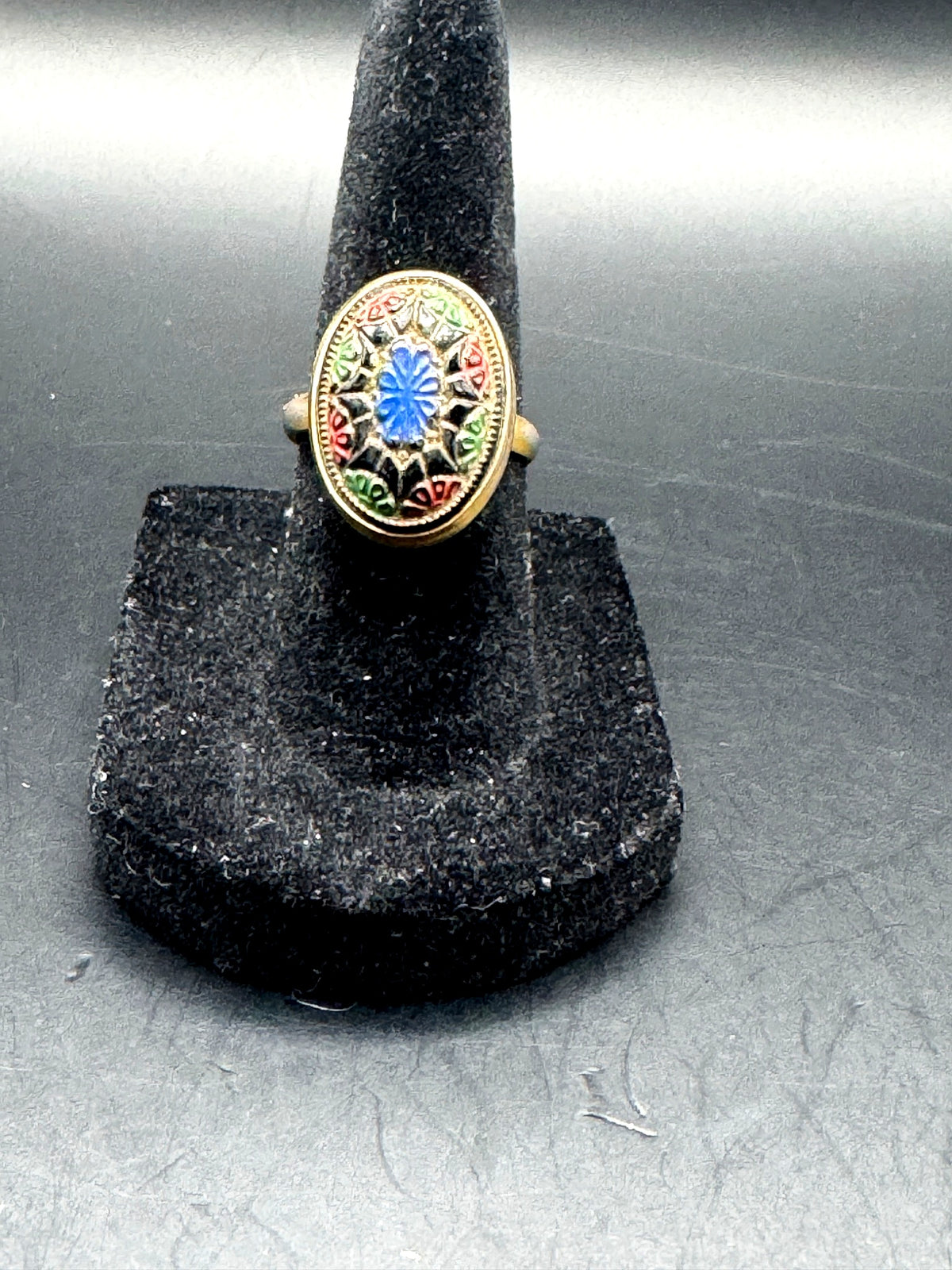 Vintage Sarah Coventry Enamel Statement Ring Blue Red Green Gold Tone Size 5.5