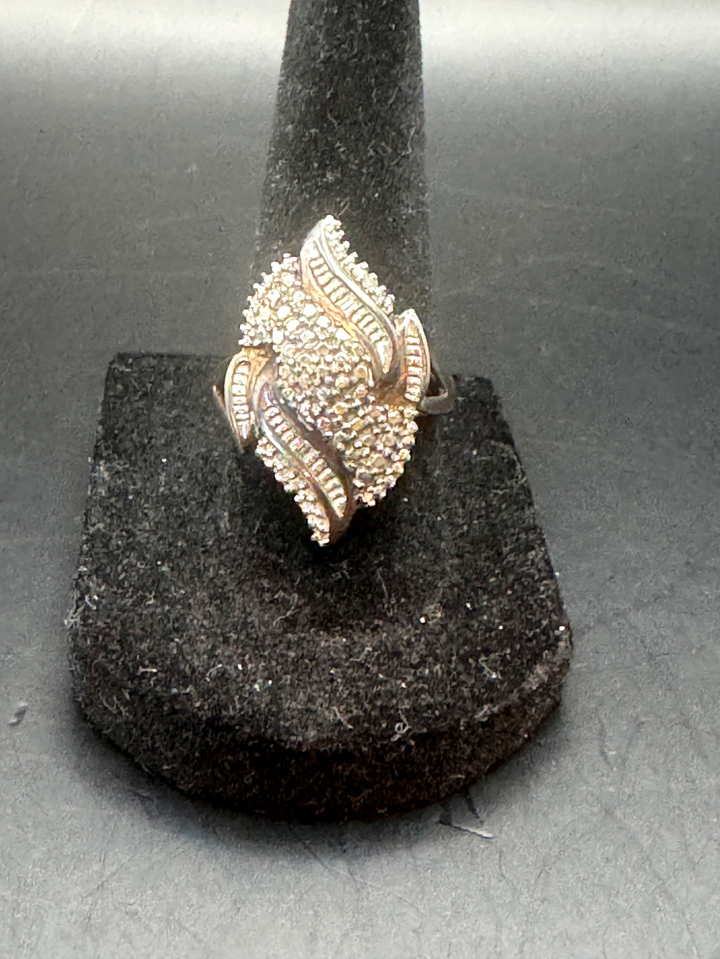 925 Sterling Silver Leaf Navette Cocktail Statement Ring Baguette Clear Stones Size 7