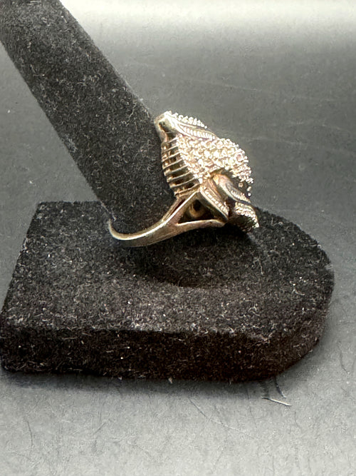 925 Sterling Silver Leaf Navette Cocktail Statement Ring Baguette Clear Stones Size 7