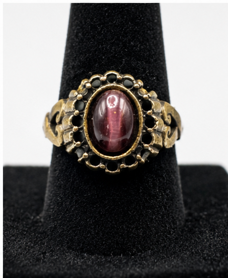 Vintage Ornate Gold Tone Ring Purple Oval Cabochon Scrollwork Size 6.5