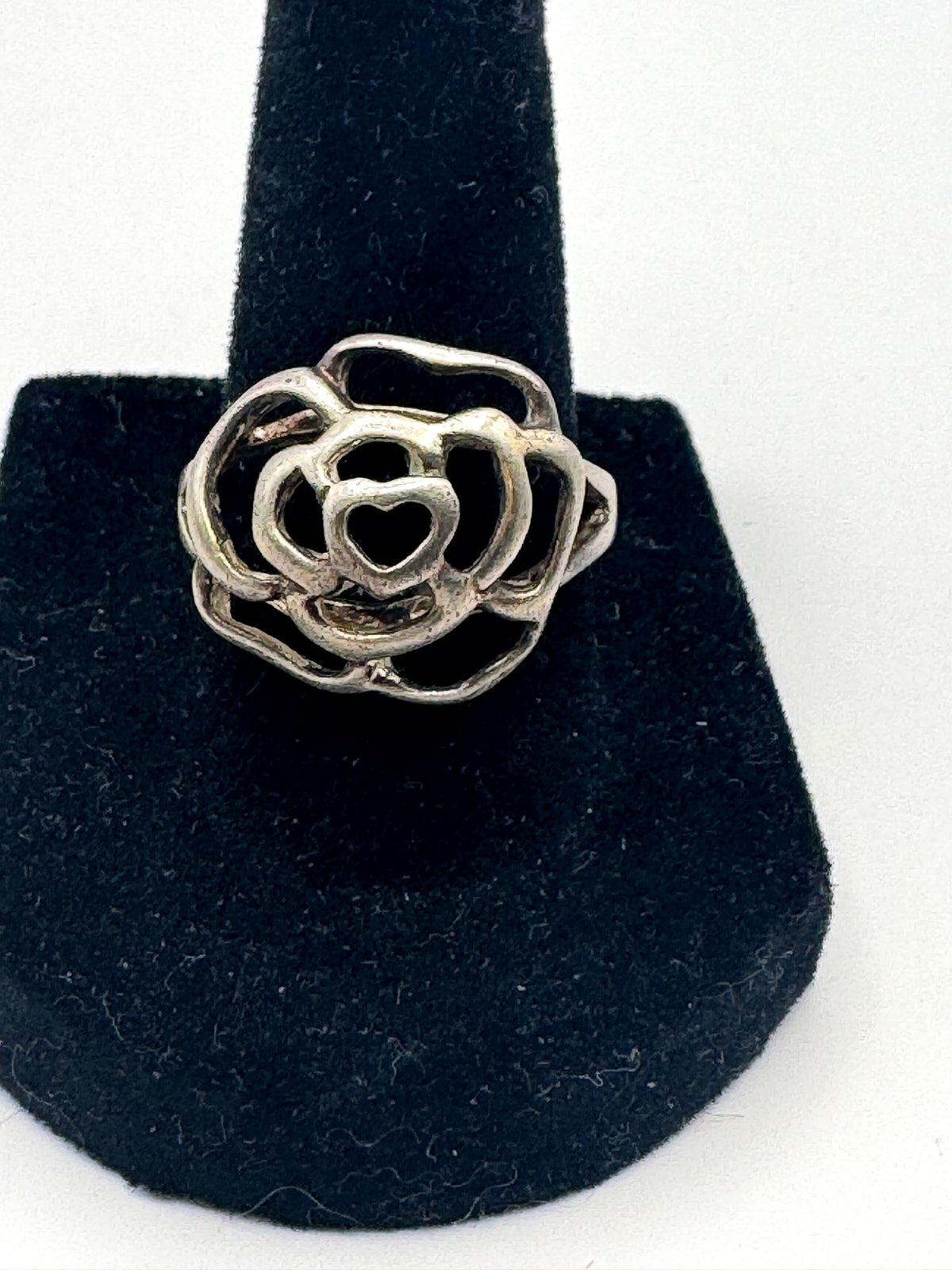 Vintage 925 Sterling Silver Open Rose Heart Ring Cutout Flower Split Shank