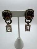Heidi Daus Topaz & Clear Crystal Door Knocker Drop Clip On Earrings Antique Gold Tone Signed 2"