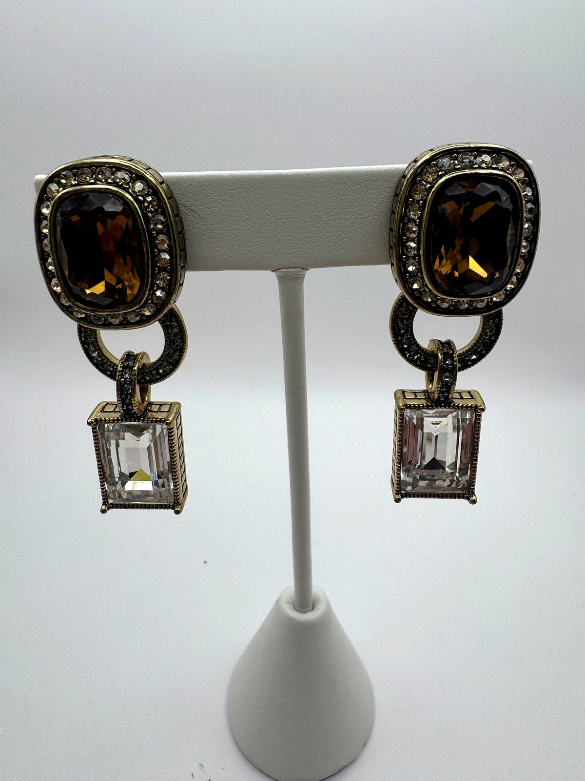 Heidi Daus Topaz & Clear Crystal Door Knocker Drop Clip On Earrings Antique Gold Tone Signed 2"
