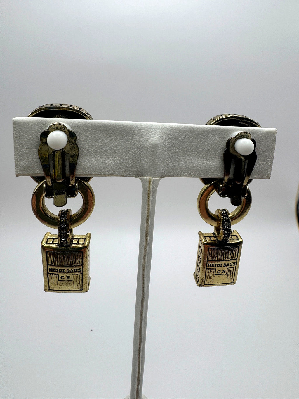 Heidi Daus Topaz & Clear Crystal Door Knocker Drop Clip On Earrings Antique Gold Tone Signed 2"