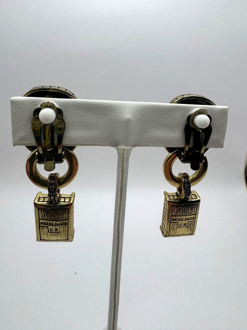 Heidi Daus Topaz & Clear Crystal Door Knocker Drop Clip On Earrings Antique Gold Tone Signed 2"