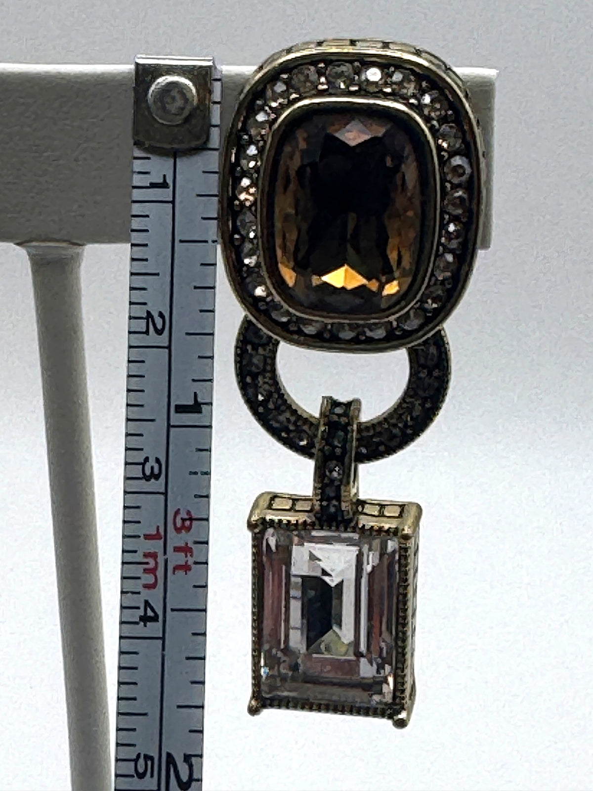 Heidi Daus Topaz & Clear Crystal Door Knocker Drop Clip On Earrings Antique Gold Tone Signed 2"