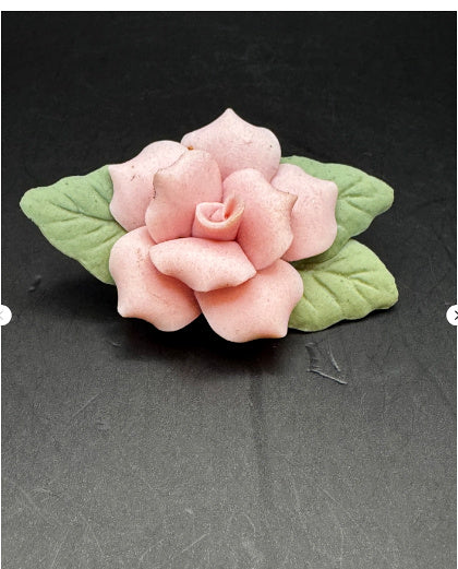 Vintage Pink Porcelain Rose Flower Brooch Pin w Green Leaves Gold Tone Estate