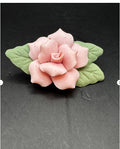 Vintage Pink Porcelain Rose Flower Brooch Pin w Green Leaves Gold Tone Estate