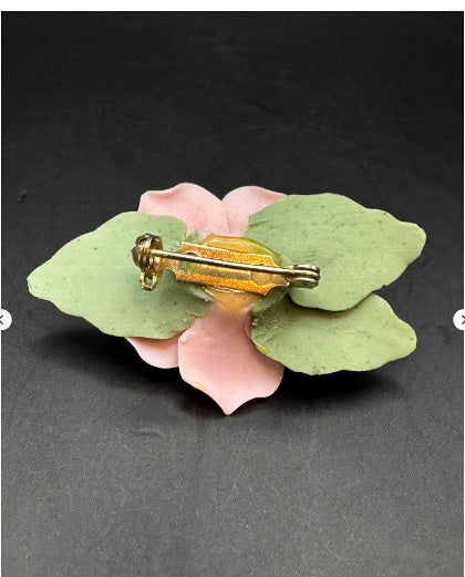 Vintage Pink Porcelain Rose Flower Brooch Pin w Green Leaves Gold Tone Estate