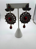 Heidi Daus Red Siam Crystal Chandelier Drop Earrings Pierced Omega Back Antique Gold Tone Signed 3"