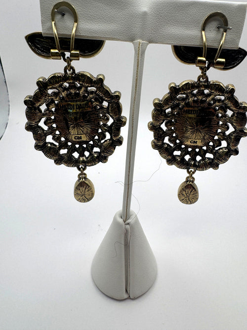 Heidi Daus Red Siam Crystal Chandelier Drop Earrings Pierced Omega Back Antique Gold Tone Signed 3"