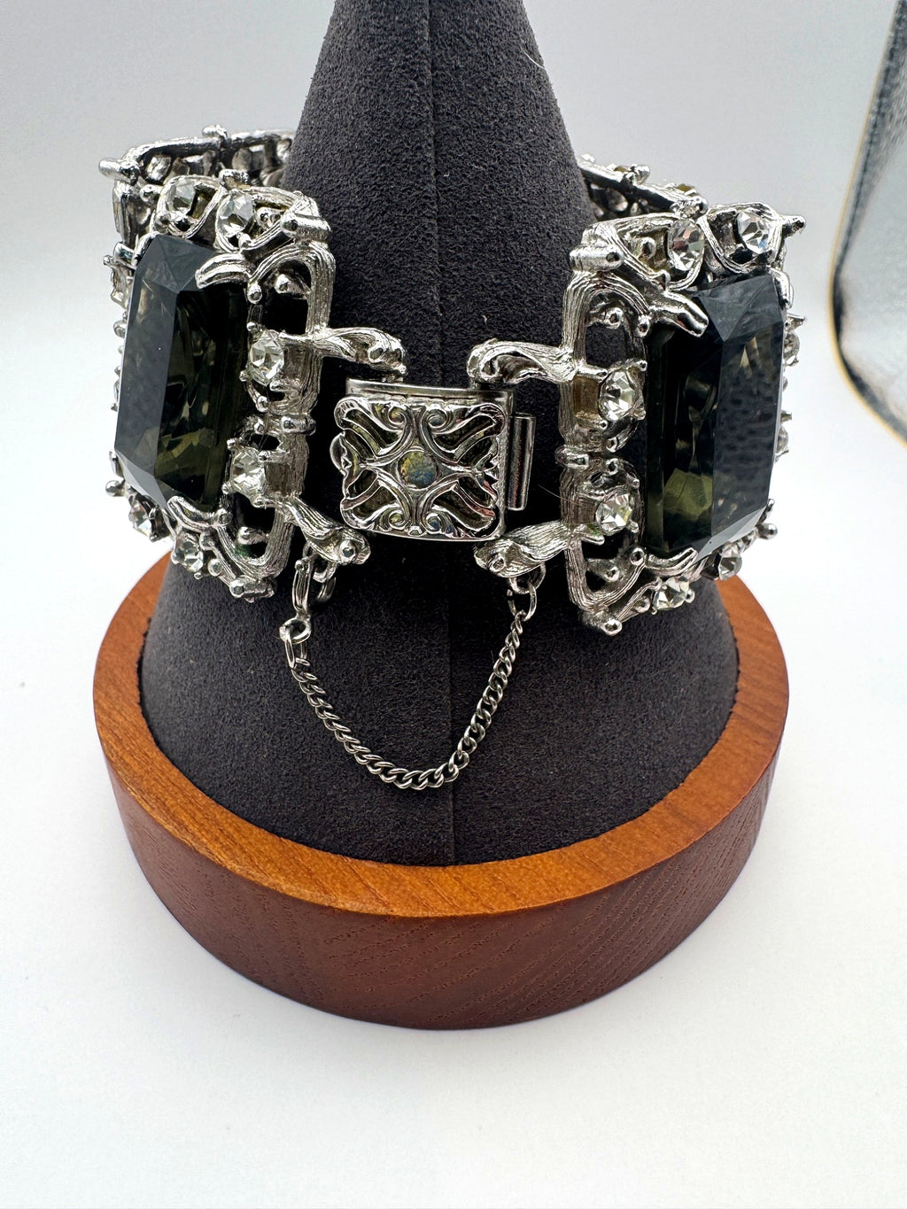 Vintage Sarah Coventry Smoky Topaz Rhinestone Wide Panel Link Bracelet Silver Tone Signed 7.5"
