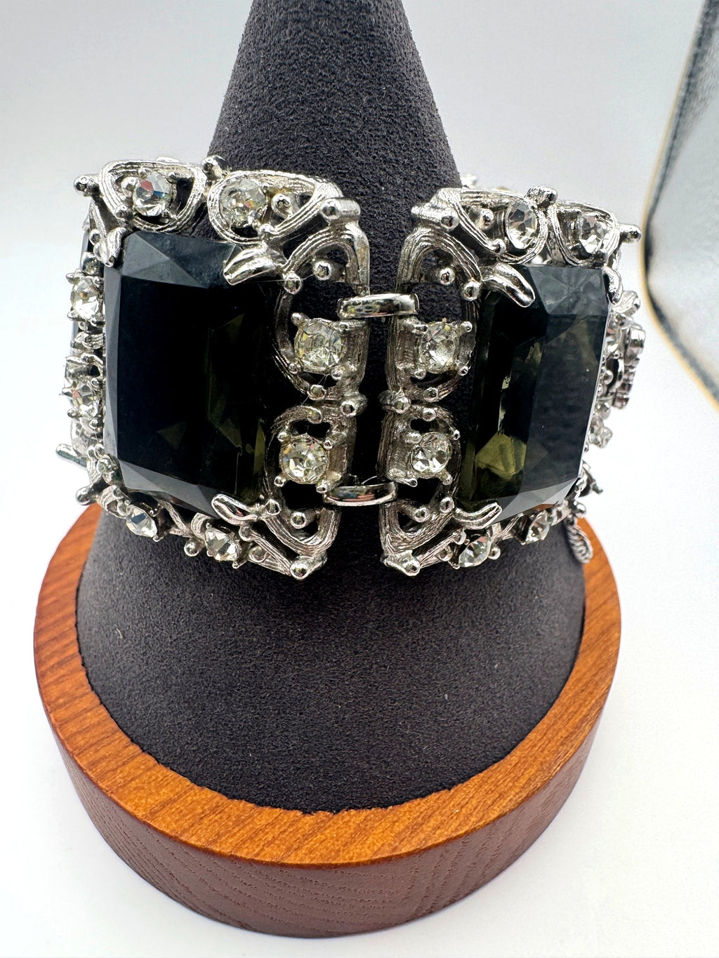 Vintage Sarah Coventry Smoky Topaz Rhinestone Wide Panel Link Bracelet Silver Tone Signed 7.5"