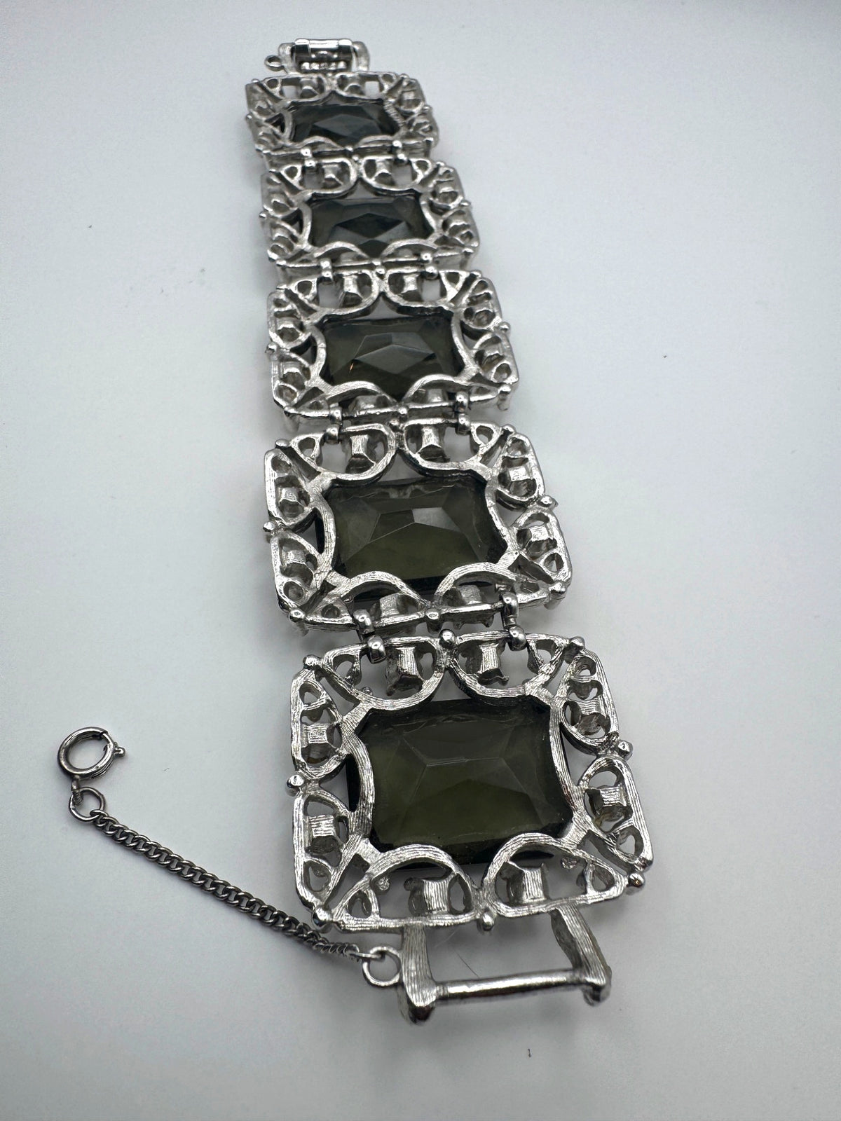 Vintage Sarah Coventry Smoky Topaz Rhinestone Wide Panel Link Bracelet Silver Tone Signed 7.5"