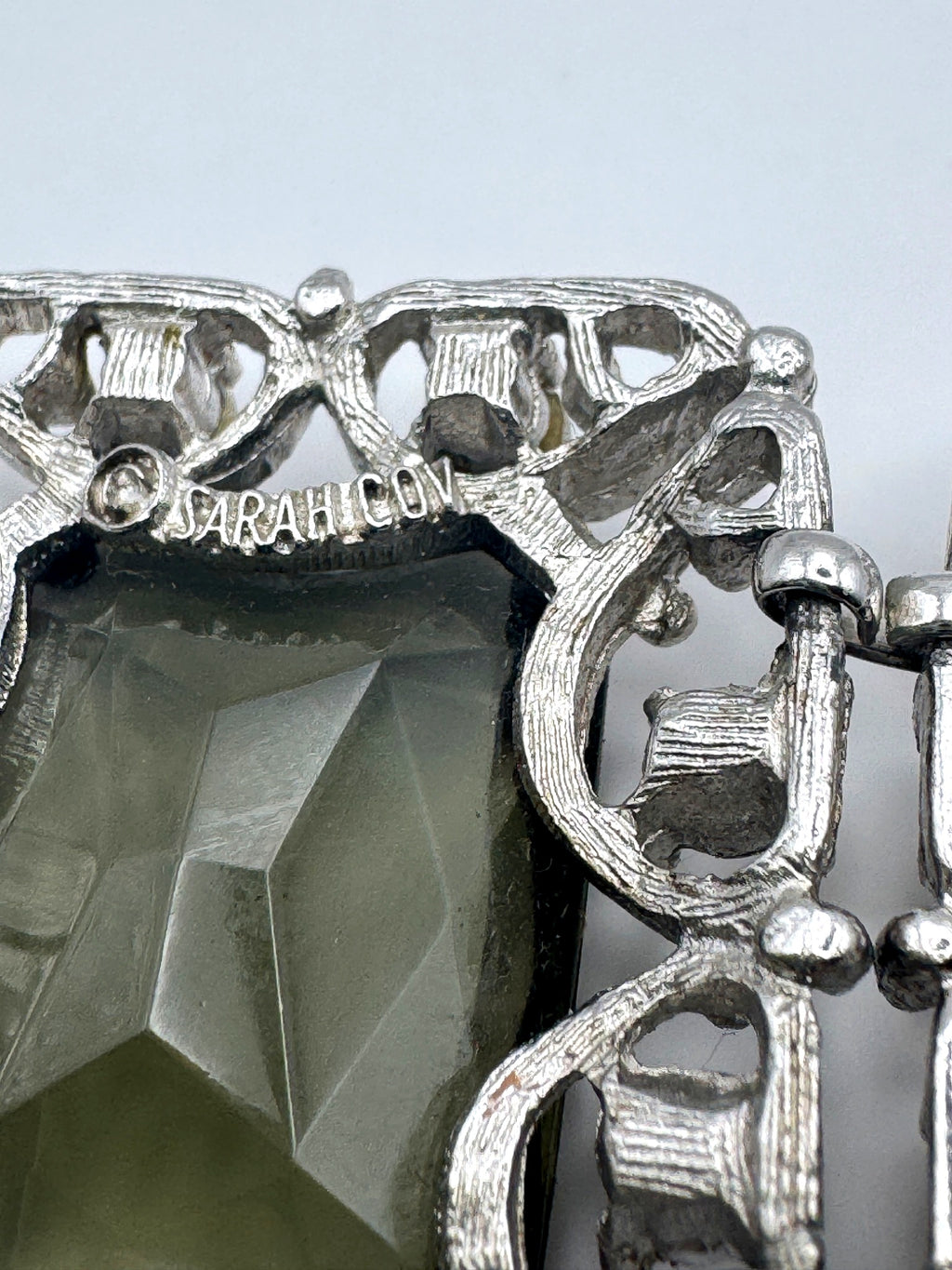 Vintage Sarah Coventry Smoky Topaz Rhinestone Wide Panel Link Bracelet Silver Tone Signed 7.5"