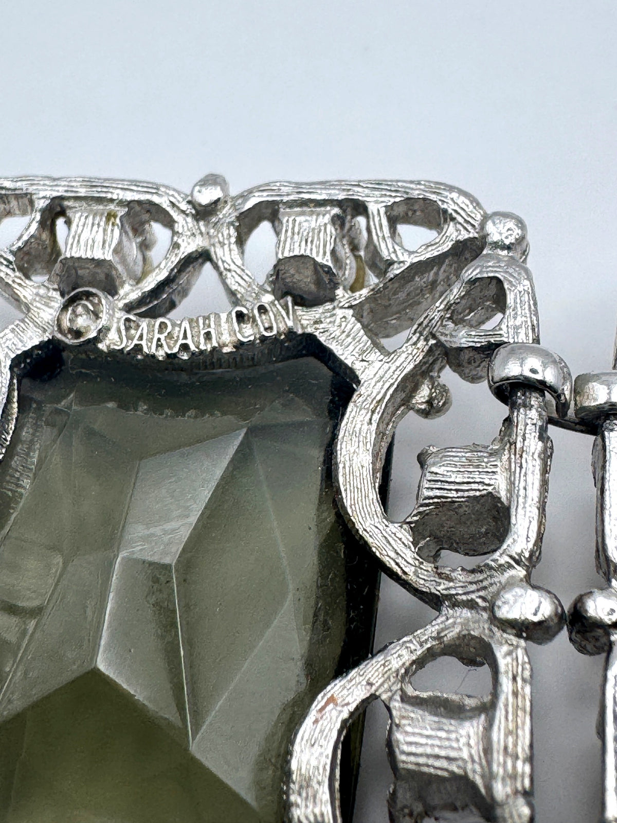 Vintage Sarah Coventry Smoky Topaz Rhinestone Wide Panel Link Bracelet Silver Tone Signed 7.5"