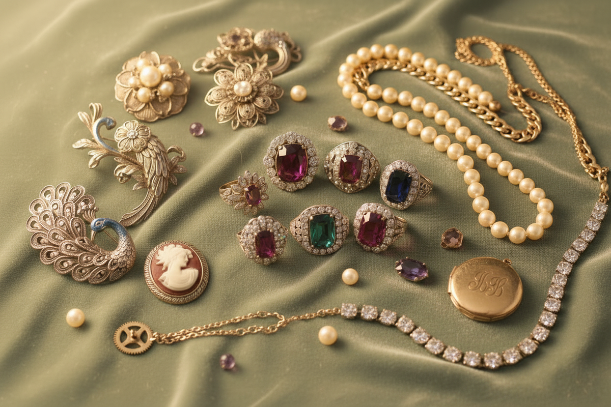 Vintage Jewelry on Light Sage